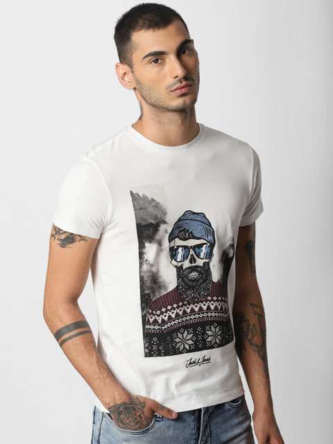 

Jack & Jones Men Off-White & Blue Printed Round Neck T-shirt