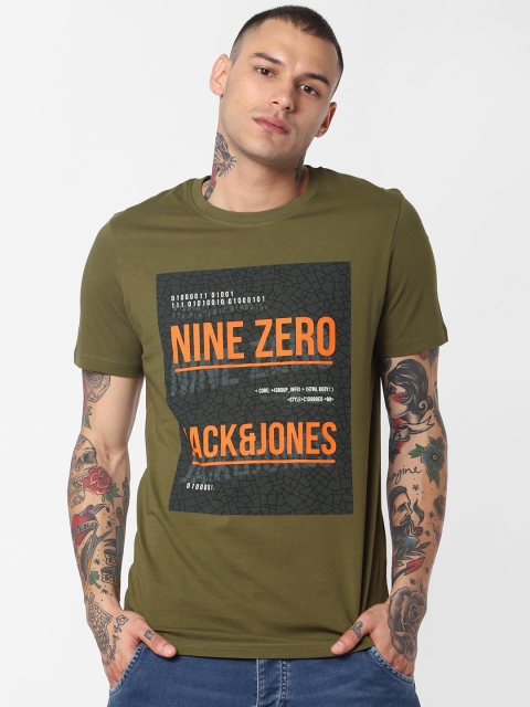 

Jack & Jones Men Olive Green Printed Round Neck T-shirt