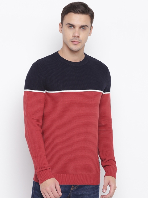 

Jack & Jones Men Red & Navy Blue Colourblocked Sweater