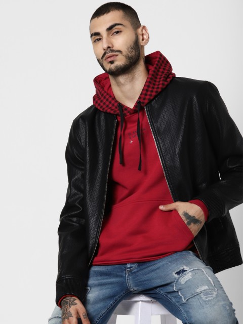 

Jack & Jones Men Red Self Design Hooded Sweatshirt
