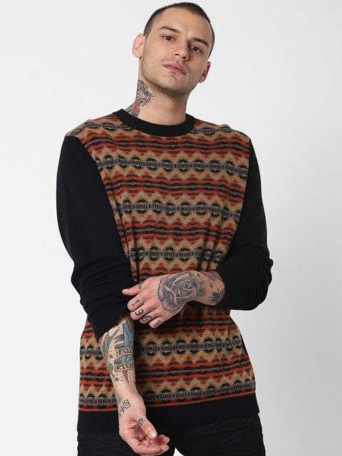 

Jack & Jones Men Black & Beige Woven Design Pullover Sweater