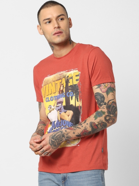

Jack Jones Men Rust Orange Printed Round Neck Pure Cotton T-shirt