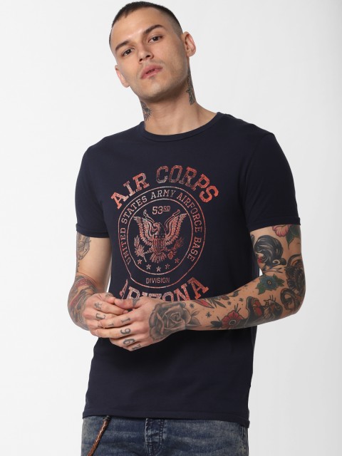 

Jack Jones Men Navy Blue Printed Round Neck Pure Cotton T-shirt