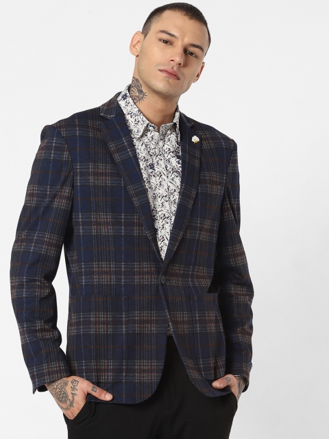 

Jack & Jones Men Navy Blue & Rust Brown Checked Single-Breasted Casual Blazer