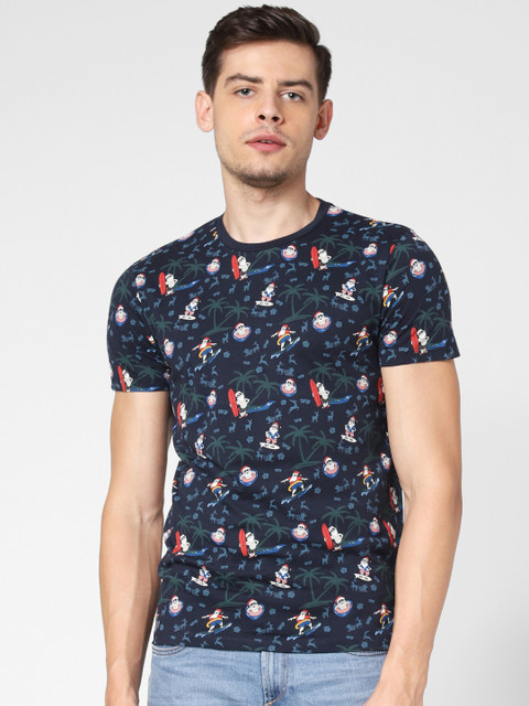 

Jack Jones Men Navy Blue Off-White Printed Slim Fit Round Neck Pure Cotton T-shirt