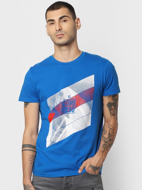 

Jack Jones Men Blue White Printed Round Neck Pure Cotton T-shirt
