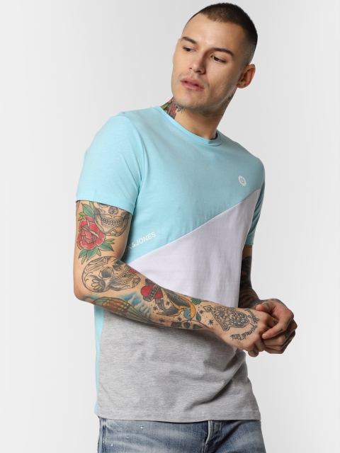 

Jack Jones Men Blue White Colourblocked Round Neck Pure Cotton T-shirt