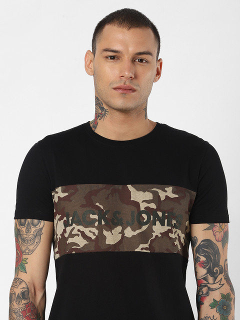 

Jack Jones Men Black Camouflage Printed Round Neck Pure Cotton T-shirt