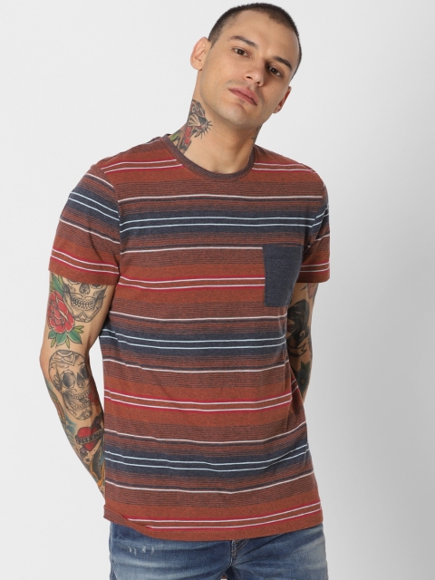 

Jack & Jones Men Brown & Navy Blue Striped Round Neck T-shirt