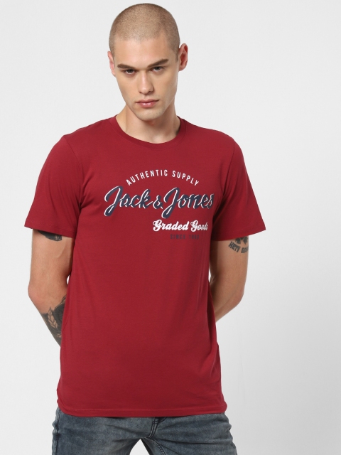 

Jack & Jones Men Red Printed Slim Fit Round Neck T-shirt