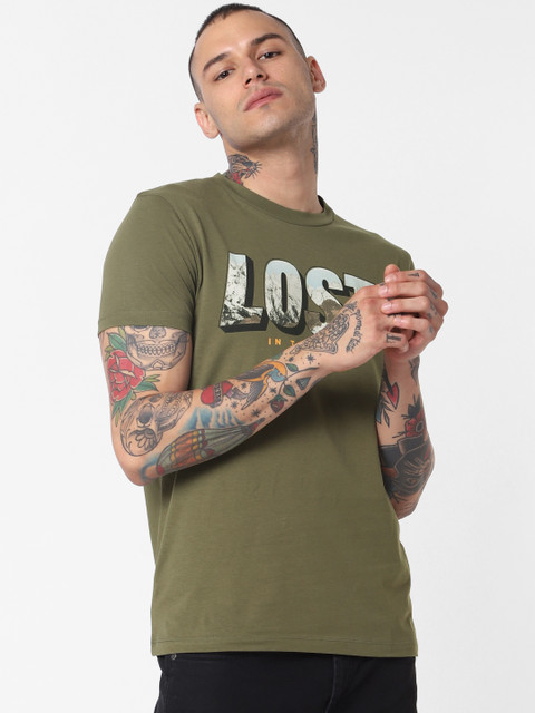 

Jack Jones Men Olive Green Printed Slim Fit Round Neck Pure Cotton T-shirt