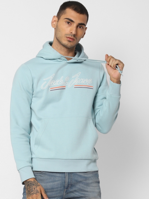 

Jack & Jones Men Turquoise Blue & White Printed Hooded Pullover Sweatshirt