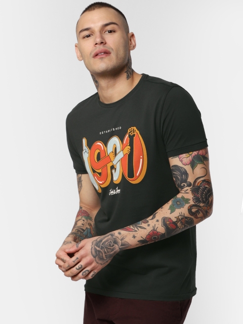 

Jack Jones Men Black Printed Slim Fit Round Neck Pure Cotton T-shirt