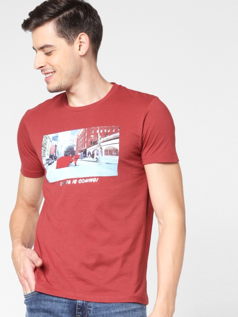 

Jack & Jones Men Rust Red Printed Round Neck T-shirt