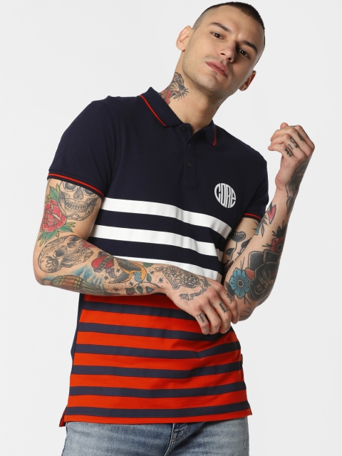 

Jack & Jones Men Navy Blue & Orange Striped Polo Collar T-shirt