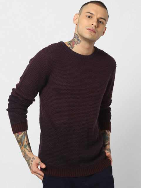 

Jack & Jones Men Maroon & Black Self Design Sweater