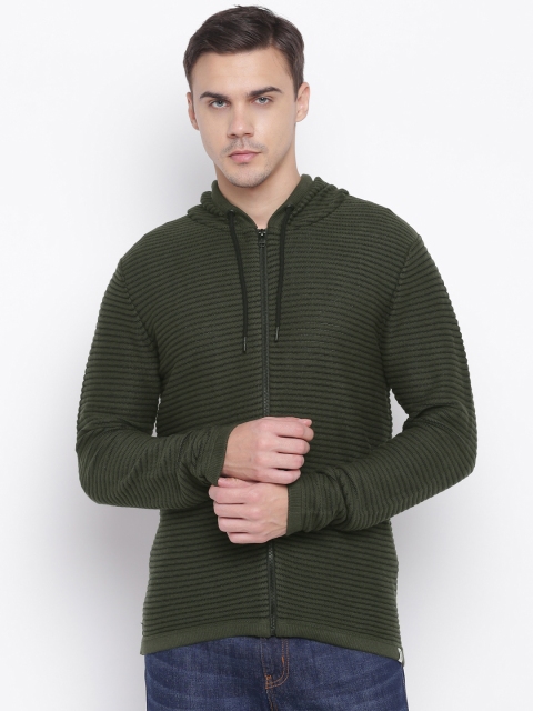 

Jack & Jones Men Olive Green Self-Design Hooded Sweater