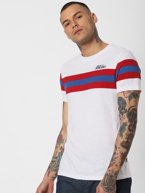 

Jack & Jones Men White & Red Striped Round Neck T-shirt
