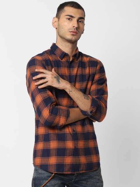

Jack & Jones Men Navy Blue & Rust Slim Fit Checked Casual Shirt