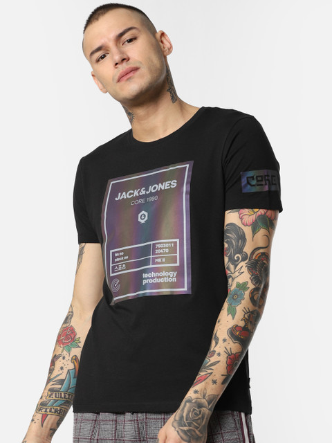 

Jack & Jones Men Black Printed Round Neck T-shirt