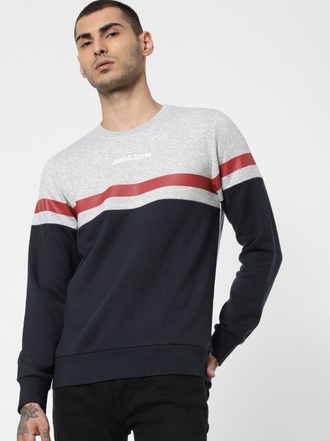 

Jack & Jones Men Grey Melange & Navy Blue Colourblocked Sweatshirt