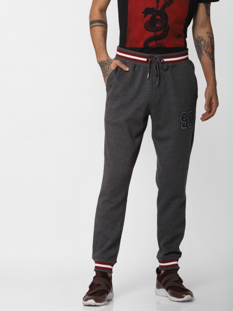

Jack & Jones Men Grey Melange & Maroon Regular Fit Solid Joggers