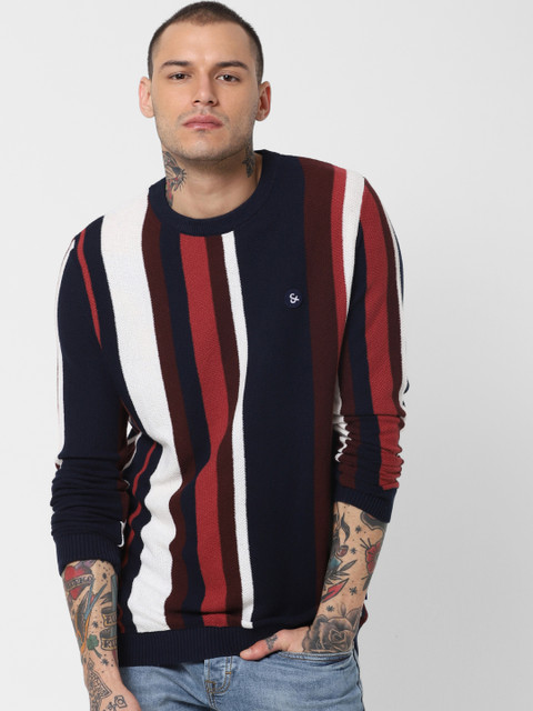 

Jack & Jones Men Navy Blue & White Striped Sweater