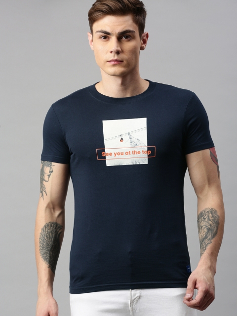 

Jack & Jones Men Navy Blue & Cream-Coloured Printed Round Neck T-shirt