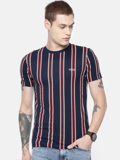 

Jack & Jones Men Navy Blue & Maroon Striped Round Neck T-shirt