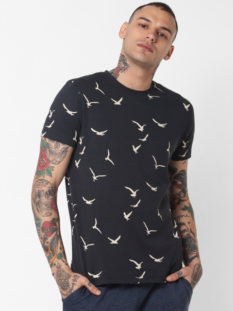 

Jack Jones Men Navy Blue Off White Printed Round Neck Pure Cotton T-shirt
