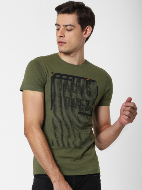 

Jack & Jones Men Olive Green Printed Round Neck T-shirt