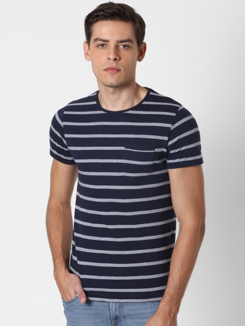 

Jack Jones Men Navy Blue Grey Printed Slim Fit Round Neck Pure Cotton T-shirt