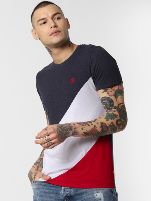 

Jack & Jones Men Navy Blue & White Colourblocked Round Neck T-shirt