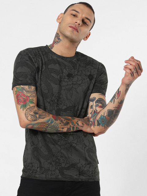 

Jack & Jones Men Black & Grey Printed Round Neck T-shirt