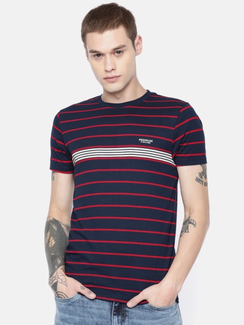 

Jack Jones Men Navy Blue Red Striped Slim Fit Round Neck Pure Cotton T-shirt
