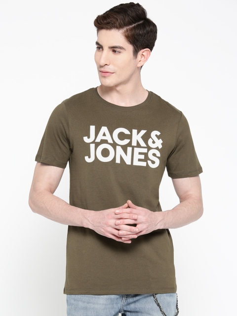 

Jack Jones Men Olive Green White Printed Round Neck Pure Cotton T-shirt