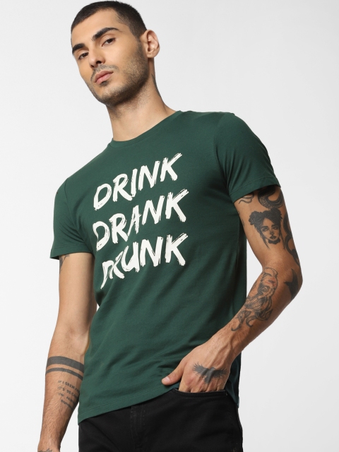 

Jack Jones Men Sea Green White Slim Fit Printed Round Neck Pure Cotton T-shirt