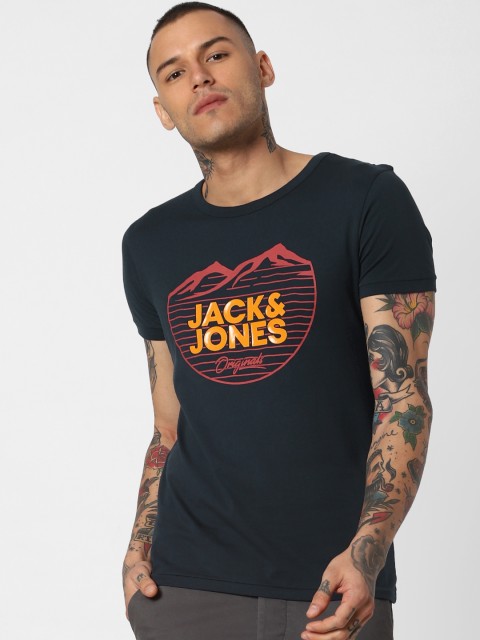 

Jack Jones Men Navy Blue Mustard Yellow Slim Fit Printed Round Neck Pure Cotton T-shirt