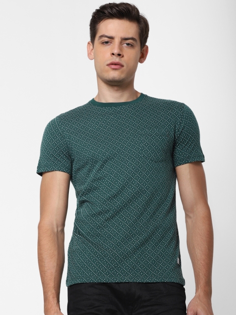 

Jack Jones Men Green White Self Design Round Neck Pure Cotton T-shirt