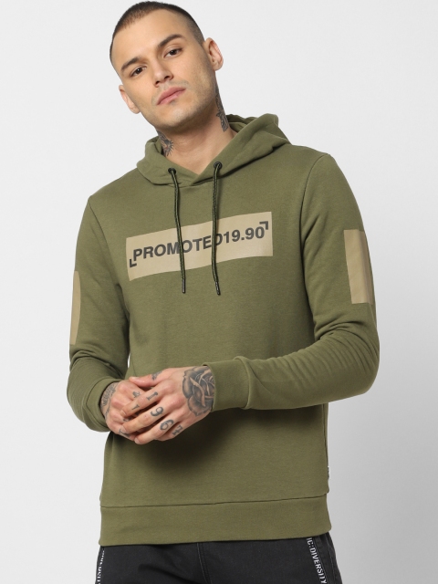 

Jack & Jones Men Olive Green Printed Hooded Sweatshirt