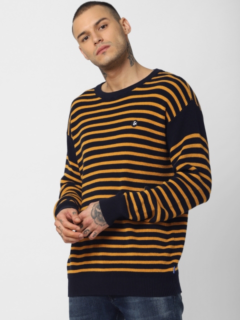 

Jack & Jones Men Mustard Yellow & Navy Blue Striped Sweater