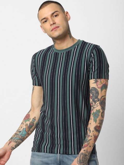 

Jack & Jones Men Navy Blue & Olive Green Striped Round Neck T-shirt