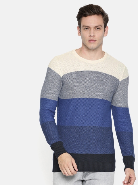 

Jack & Jones Men Blue & Cream-Coloured Colourblocked Pullover Sweater