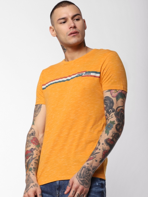 

Jack & Jones Men Mustard Yellow Printed Slim Fit Round Neck T-shirt