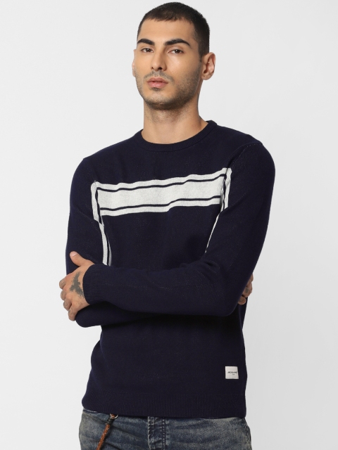 

Jack & Jones Men Navy Blue & Off-White Striped Pullover Sweater
