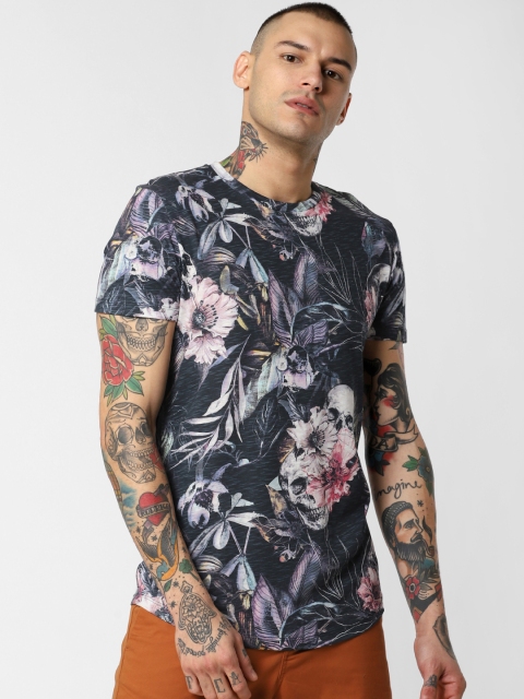 

Jack & Jones Men Navy Blue & Pink Slim Fit Printed Round Neck T-shirt