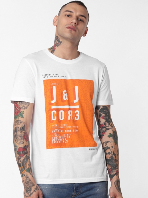 

Jack & Jones Men White & Coral Orange Printed Round Neck T-shirt