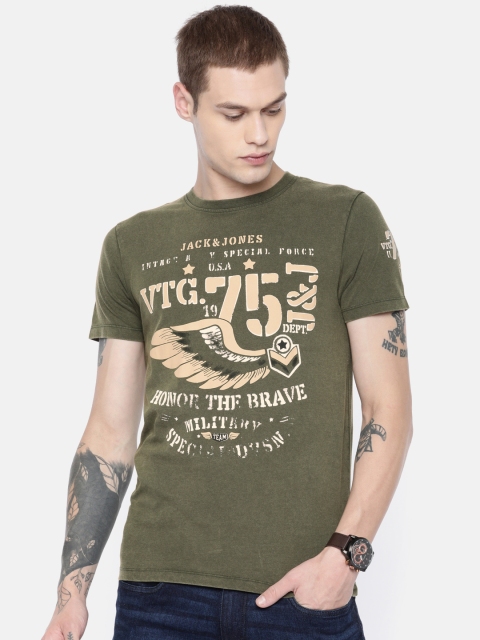

Jack Jones Men Olive Green Printed Slim Fit Round Neck Pure Cotton T-shirt