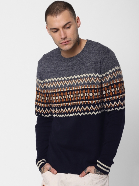

Jack & Jones Men Navy Blue & Grey Self Design Sweater