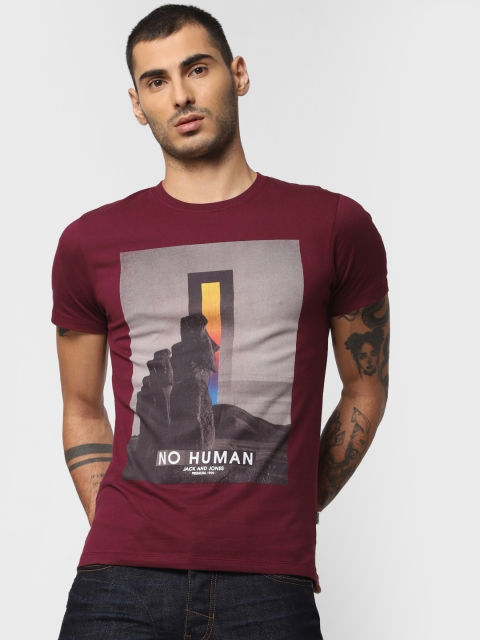 

Jack & Jones Men Burgundy & Brown Printed Round Neck T-Shirt